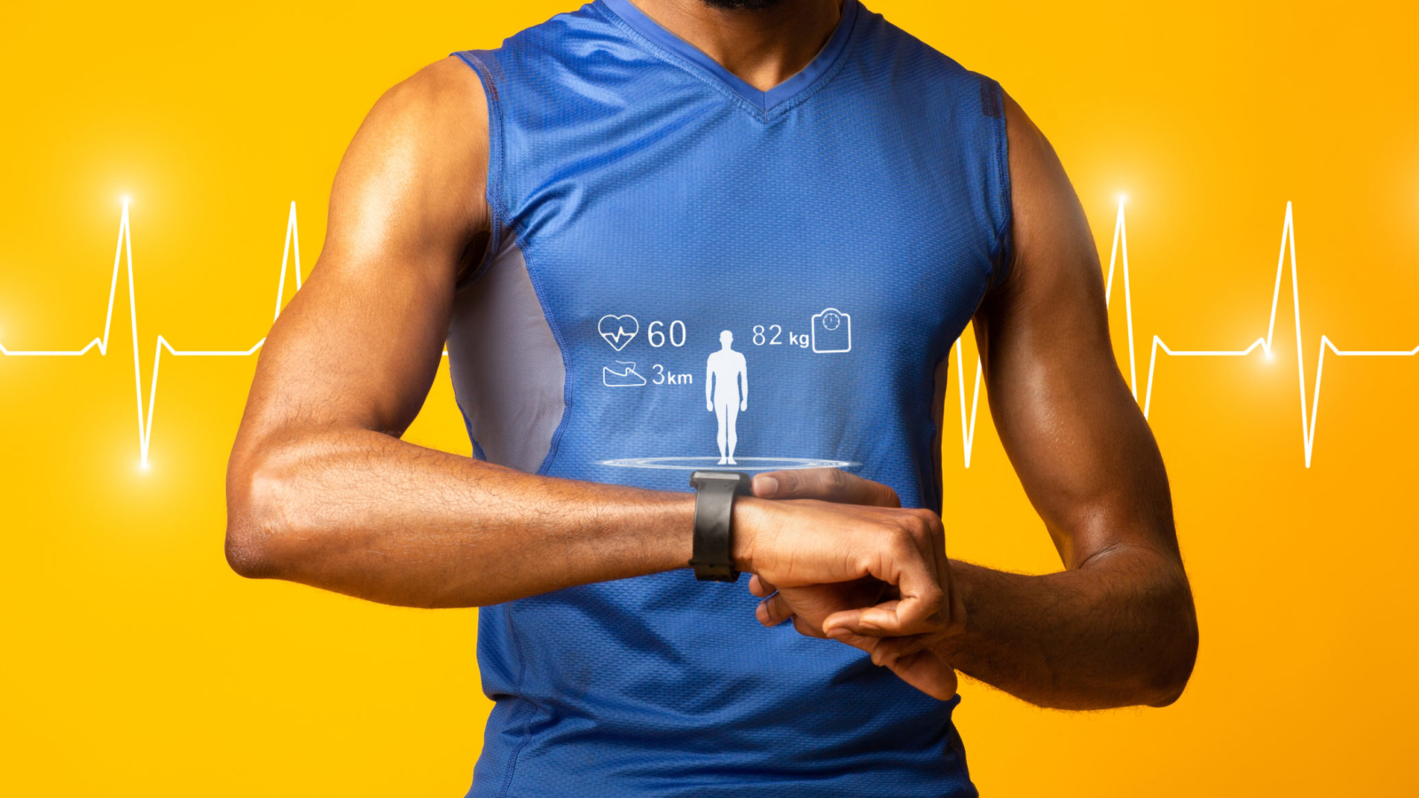 Fit Concept. Black muscular man checking fitness tracker, yellow studio wall, panorama, heart beat line in the background